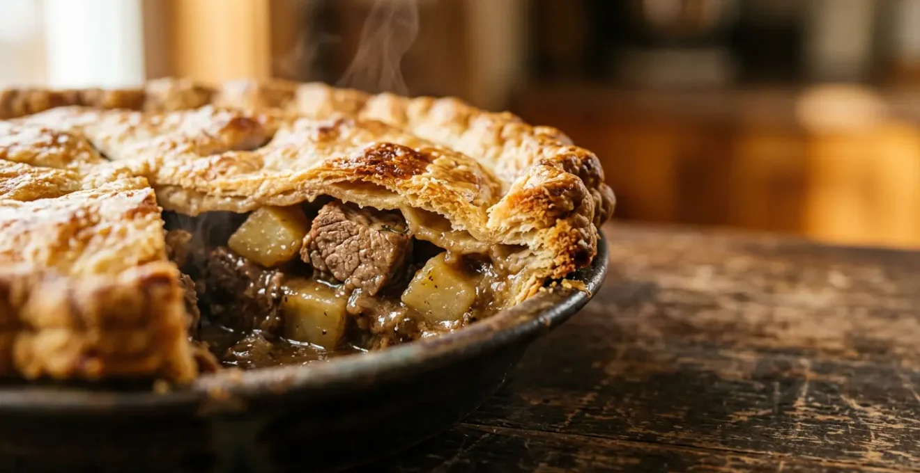 Tourtière du Lac-Saint-Jean authentique avec croûte dorée et garniture généreuse, emblème culinaire du Saguenay
