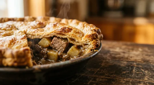 Tourtière du Lac-Saint-Jean authentique avec croûte dorée et garniture généreuse, emblème culinaire du Saguenay