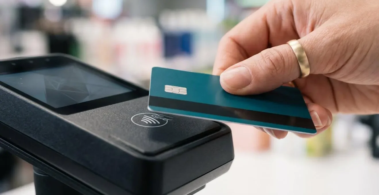 Gros plan macro sur une main tenant une carte bancaire près d'un terminal de paiement moderne