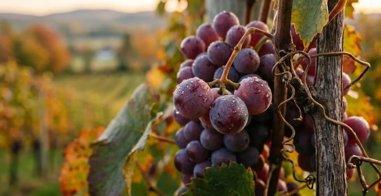 Grappes de raisins hybrides sur vignes dans un vignoble québécois avec terroir typique