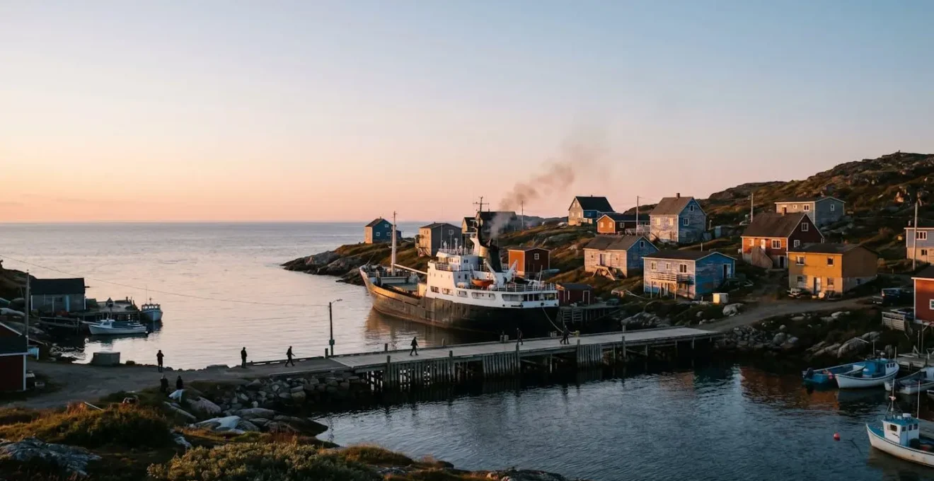 Le village de Kegaska au lever du soleil avec le caboteur Bella Desgagnés à quai
