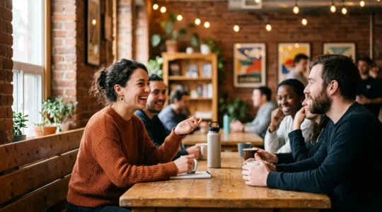 Un voyageur solo dans une auberge de jeunesse à Montréal, ambiance conviviale et accueillante