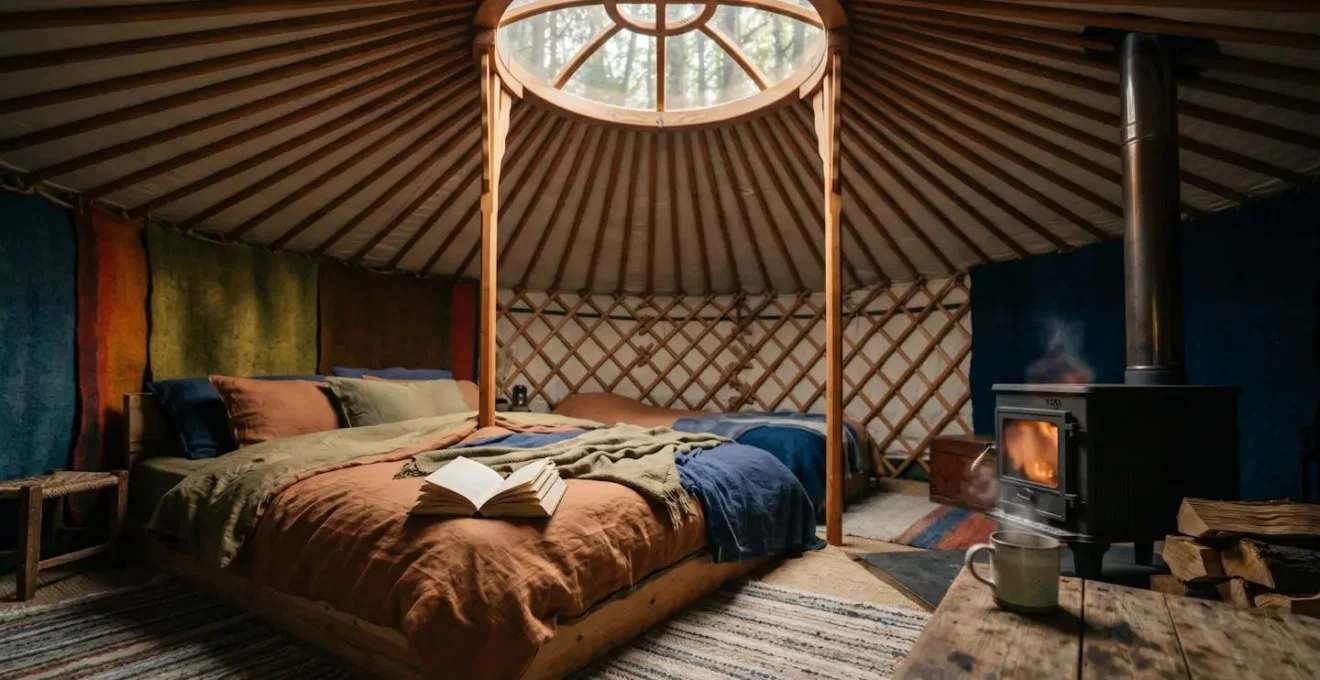 Intérieur chaleureux d'une yourte équipée en forêt québécoise