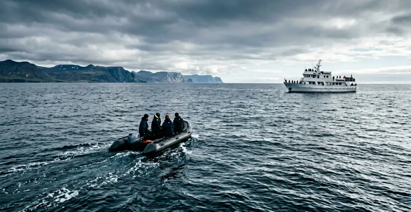 Contraste entre zodiac rapide et navire de croisière lors d'une sortie observation de baleines en mer