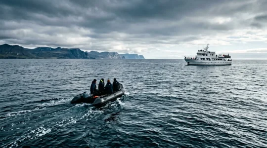 Contraste entre zodiac rapide et navire de croisière lors d'une sortie observation de baleines en mer