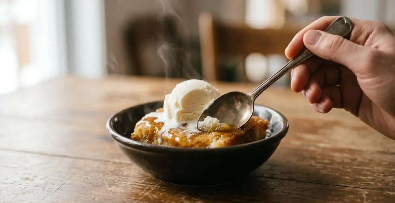 Contraste visuel entre une boule de crème glacée fondante et un pouding chômeur fumant illustrant le choc thermique