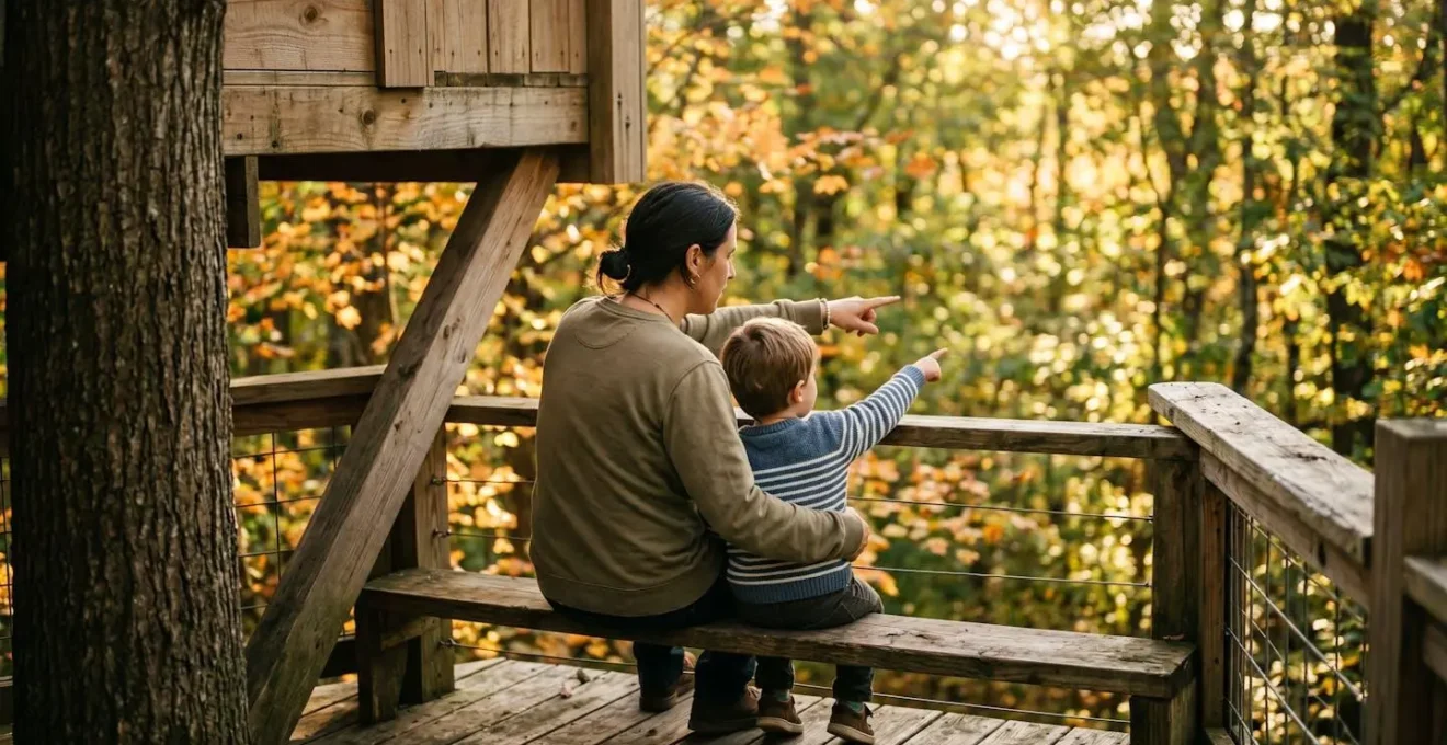 Cabane dans les arbres accessible par escalier sécurisé avec jeune famille profitant de la terrasse