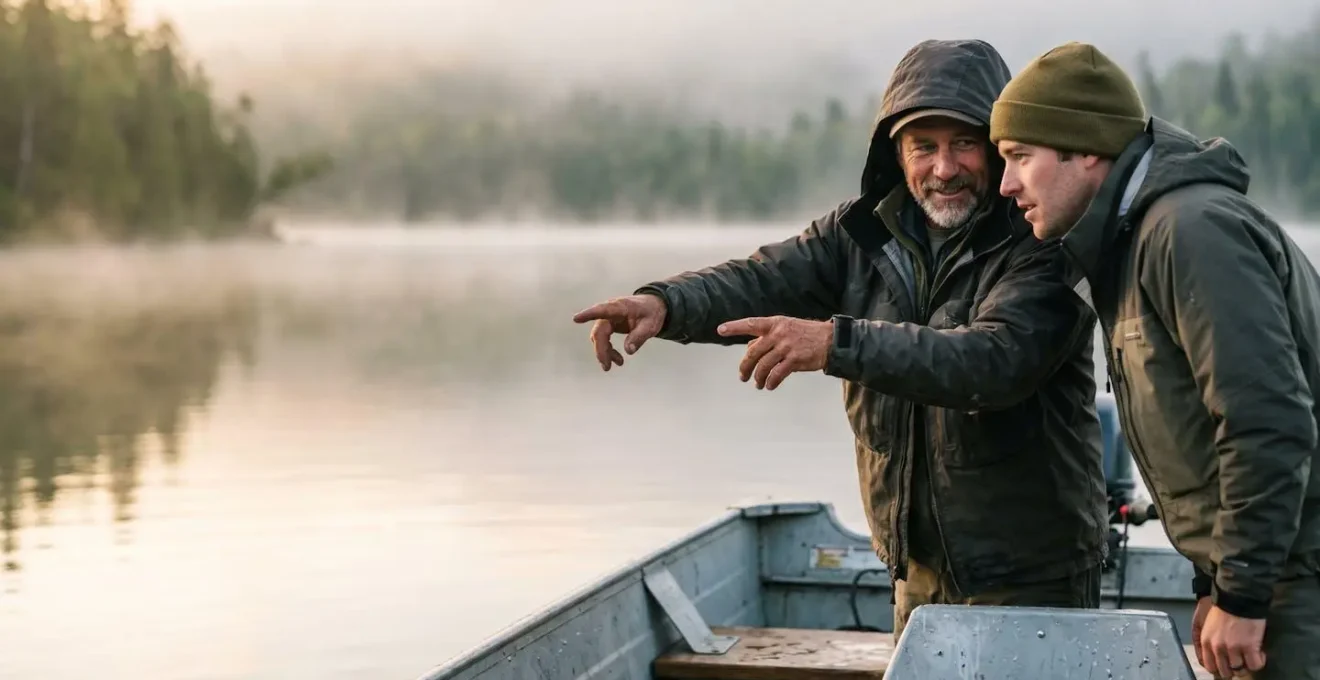 Guide de pêche professionnel partageant son expertise avec un client au lever du soleil sur un lac isolé