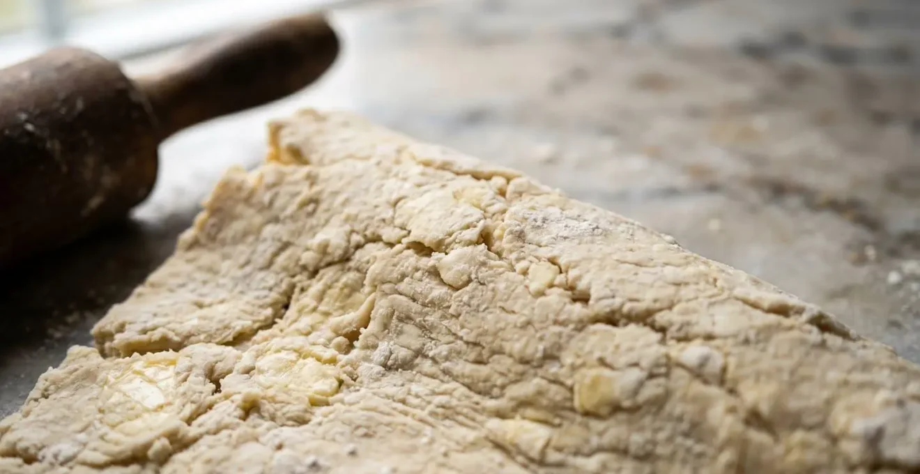 Détail macro de pâte brisée traditionnelle au saindoux pour tourtière, texture feuilletée et robuste