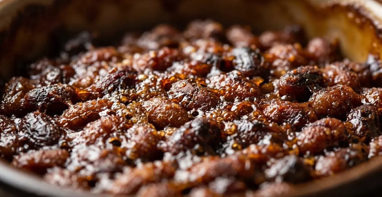 Vue macro de la surface caramélisée des fèves au lard montrant les détails de la croûte brunâtre et brillante résultant de la cuisson lente