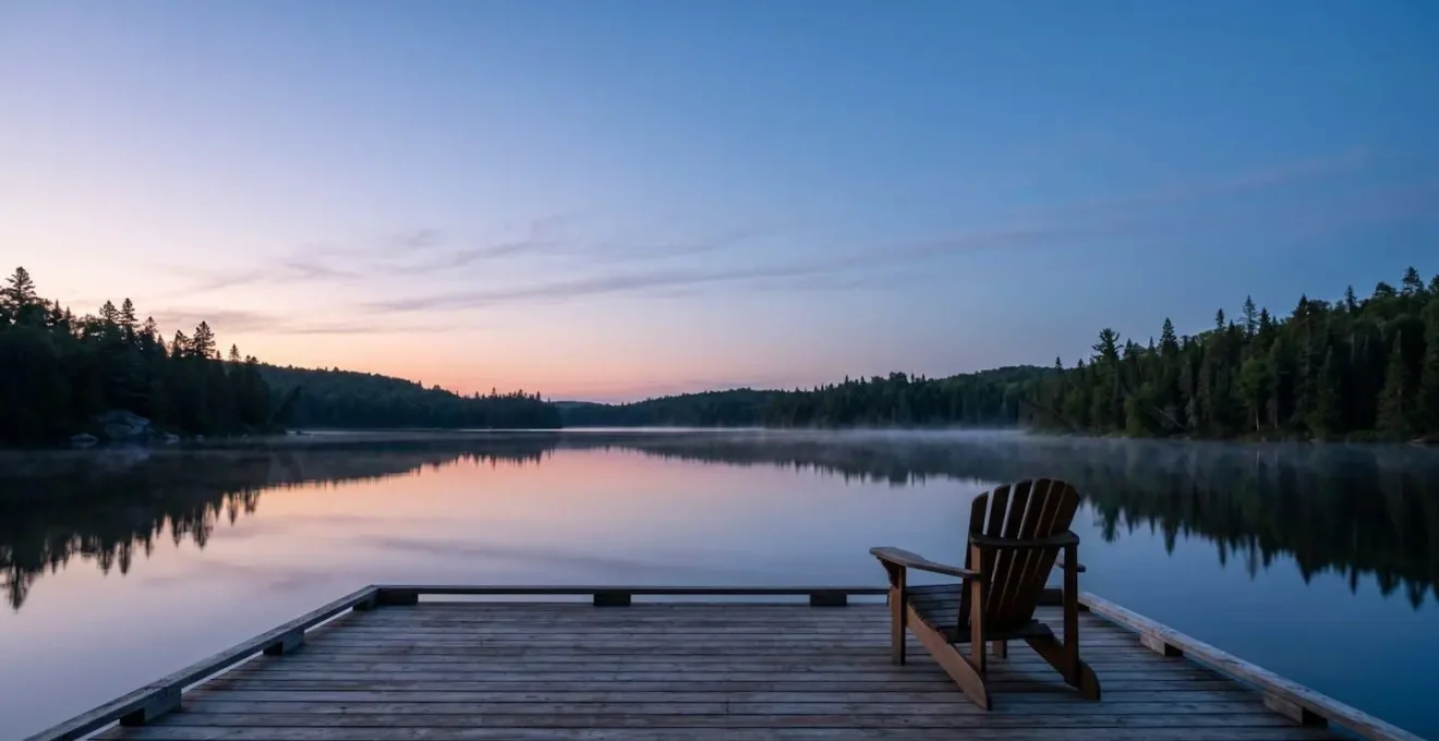 Terrasse en bois surplombant un lac immaculé dans le silence absolu de la forêt boréale au crépuscule